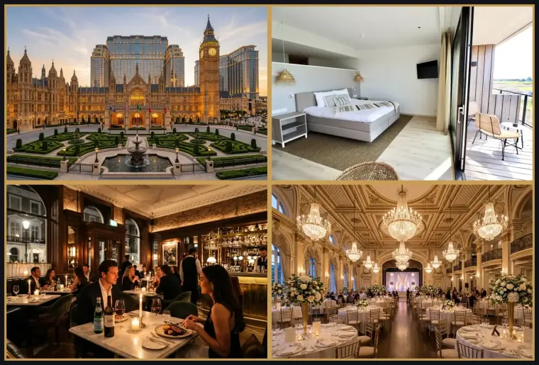 Four-panel architectural collage of the Westminster Sanctuary Hotel facade, grand atrium, courtyard fountain, and illuminated London skyline