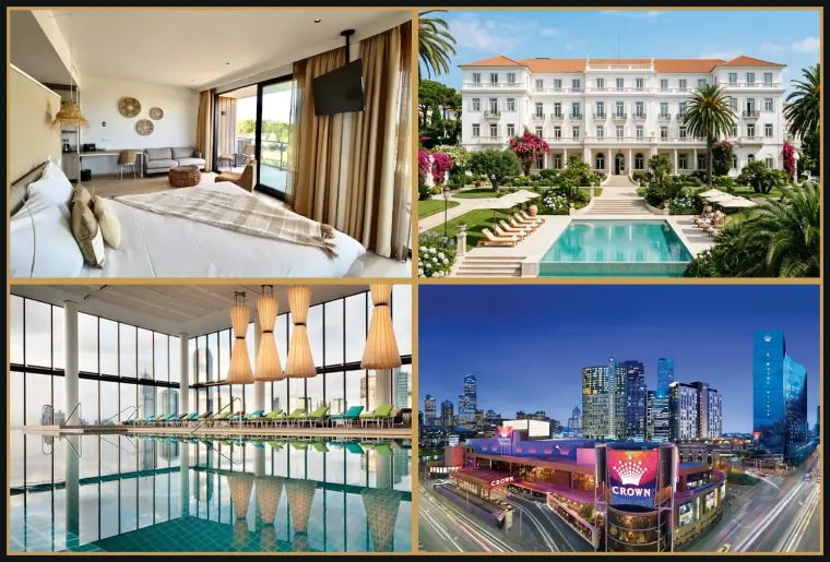 Four-panel suite and wellness collage featuring the Penthouse bedroom, subterranean marble spa pool, thermal lounge, and cocktail bar